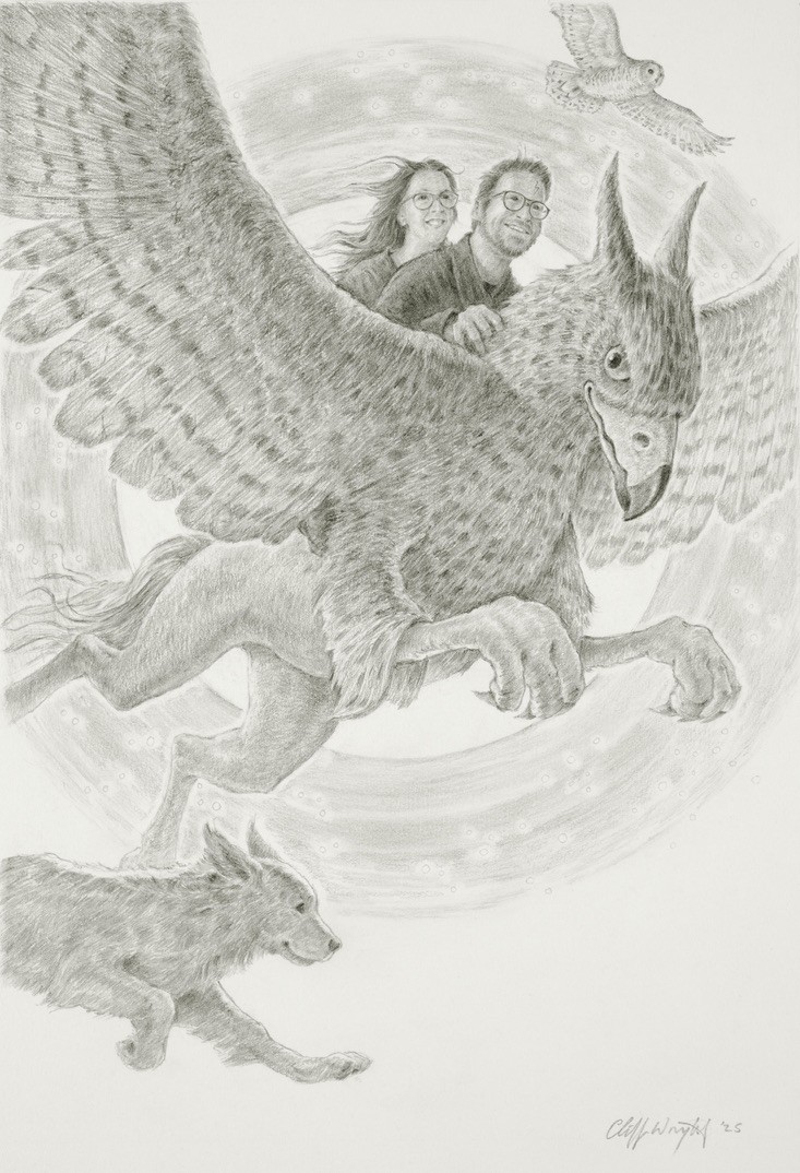 Custom illustration by Cliff Wright: Erica and Adam ride a hippogriff over a moonlit wood, Hedwig wheeling overhead and Weasley bounding below